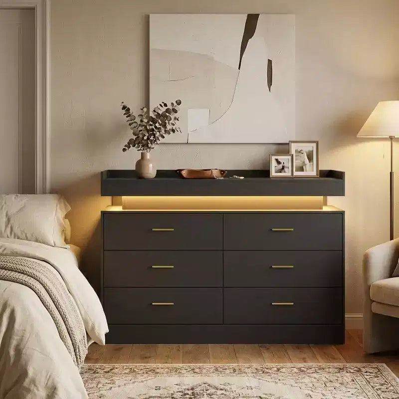 Mueble de TV moderno con 6 cajones y luces LED, barra de café con encimera flotante para centro de entretenimiento de sala de estar