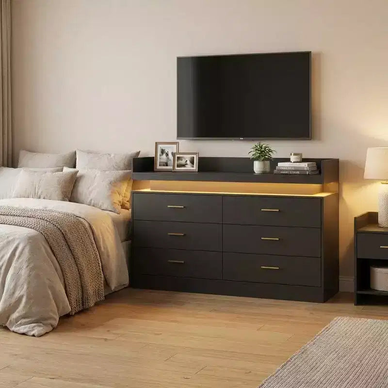 Mueble de TV moderno con 6 cajones y luces LED, barra de café con encimera flotante para centro de entretenimiento de sala de estar