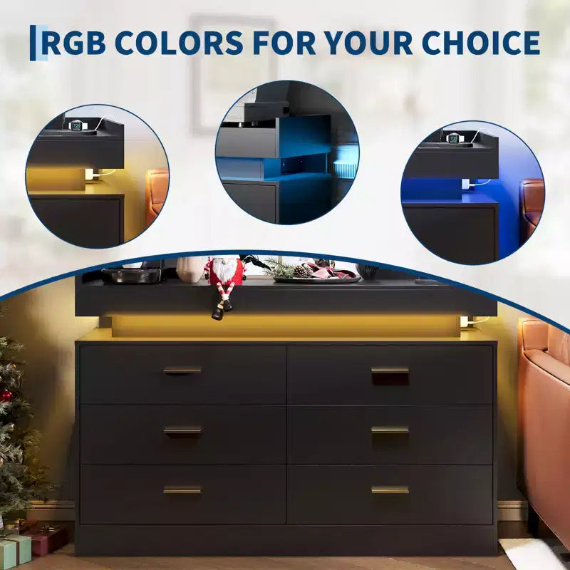 Mueble de TV moderno con 6 cajones y luces LED, barra de café con encimera flotante para centro de entretenimiento de sala de estar