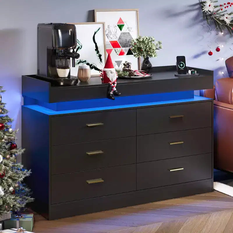 Mueble de TV moderno con 6 cajones y luces LED, barra de café con encimera flotante para centro de entretenimiento de sala de estar