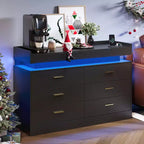 Mueble de TV moderno con 6 cajones y luces LED, barra de café con encimera flotante para centro de entretenimiento de sala de estar