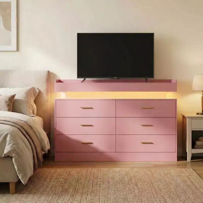 Mueble de TV moderno con 6 cajones y luces LED, barra de café con encimera flotante para centro de entretenimiento de sala de estar
