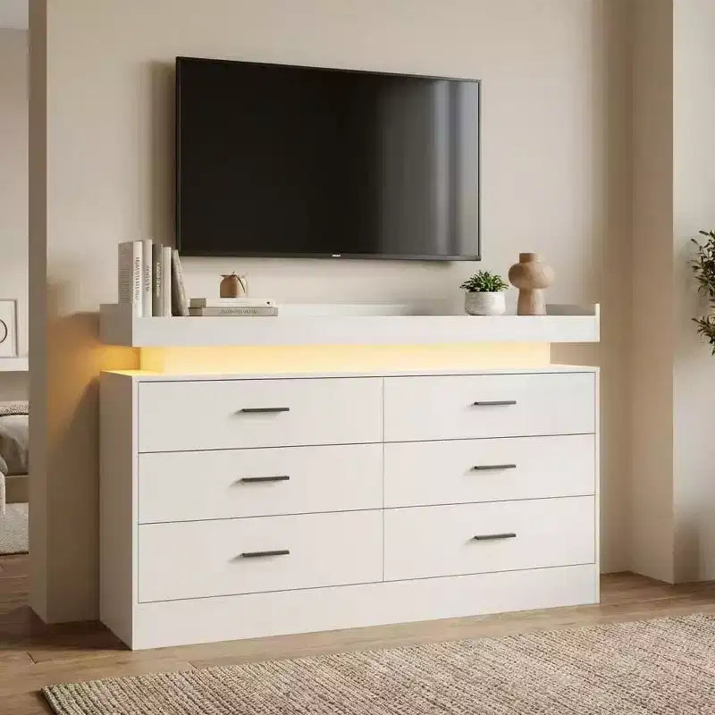 Mueble de TV moderno con 6 cajones y luces LED, barra de café con encimera flotante para centro de entretenimiento de sala de estar