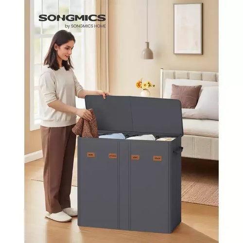 Clasificador de ropa sucia de 4 compartimentos de 209,7 litros con tapa, etiquetas y bolsas extraíbles, gris oscuro