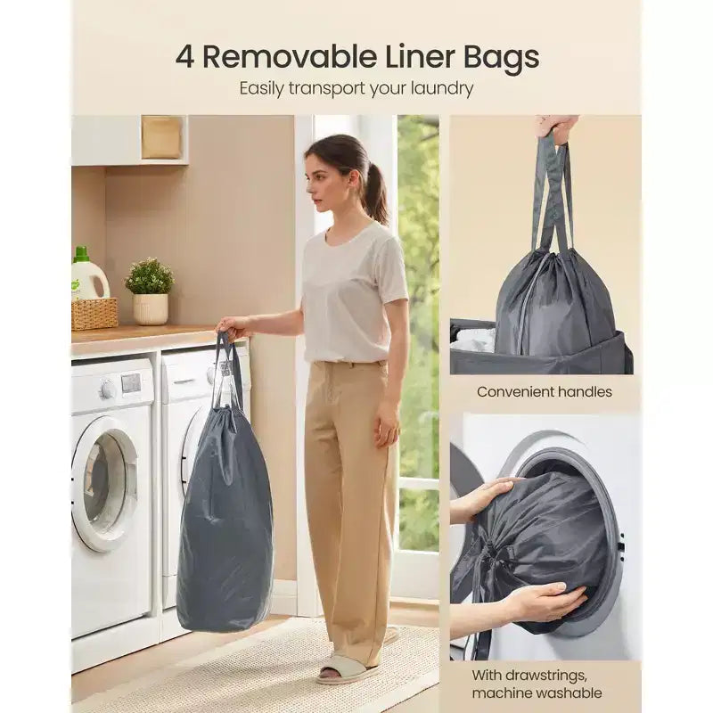 Clasificador de ropa sucia de 4 compartimentos de 209,7 litros con tapa, etiquetas y bolsas extraíbles, gris oscuro