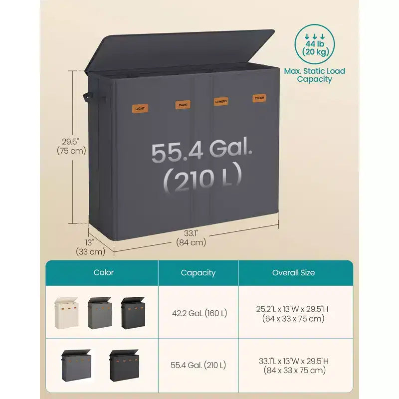 Clasificador de ropa sucia de 4 compartimentos de 209,7 litros con tapa, etiquetas y bolsas extraíbles, gris oscuro