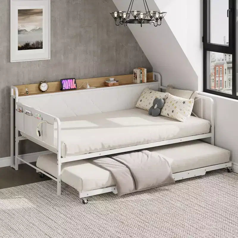 Cama de día con nido y luz LED, estructura de cama doble con cabecero tapizado y estación de carga, sofá cama con estructura de metal para sala de estar