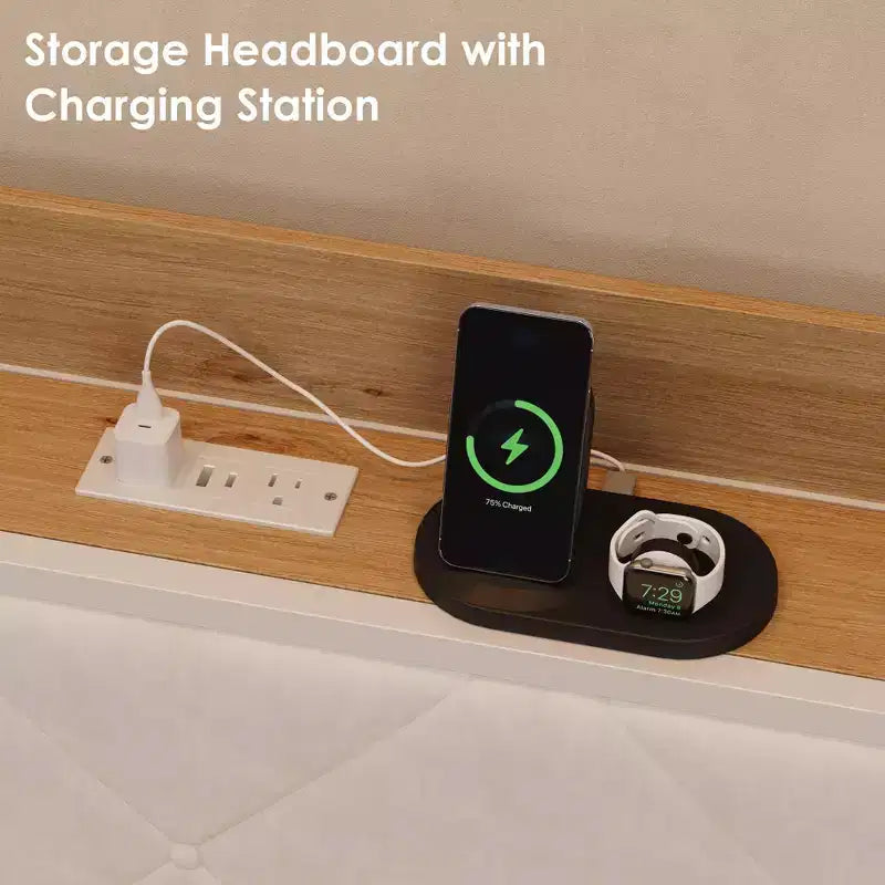 Cama de día con nido y luz LED, estructura de cama doble con cabecero tapizado y estación de carga, sofá cama con estructura de metal para sala de estar