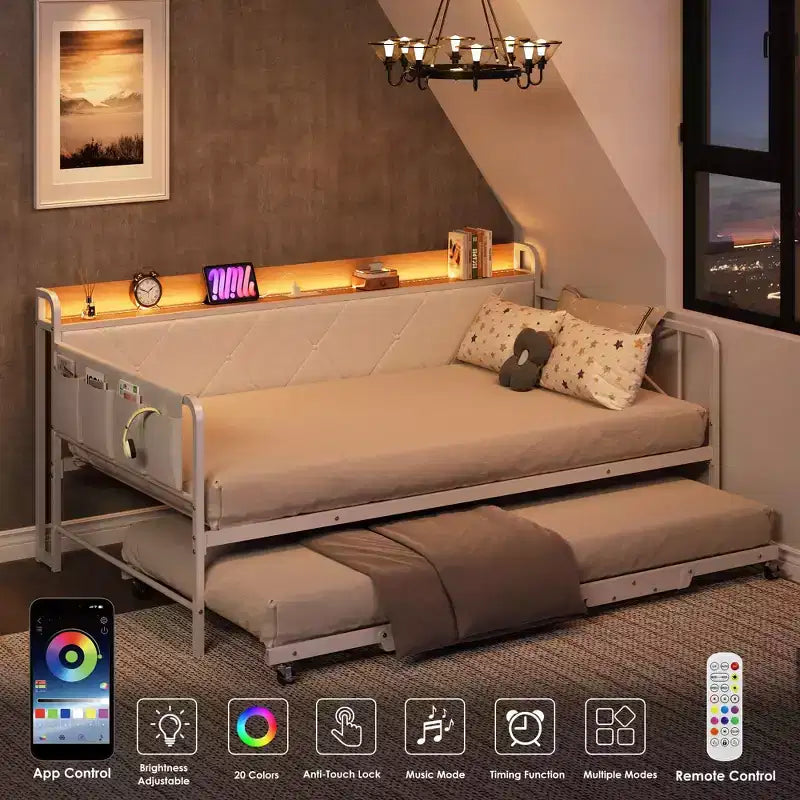 Cama de día con nido y luz LED, estructura de cama doble con cabecero tapizado y estación de carga, sofá cama con estructura de metal para sala de estar