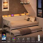 Cama de día con nido y luz LED, estructura de cama doble con cabecero tapizado y estación de carga, sofá cama con estructura de metal para sala de estar