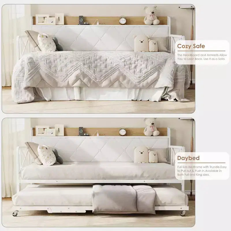 Cama de día con nido y luz LED, estructura de cama doble con cabecero tapizado y estación de carga, sofá cama con estructura de metal para sala de estar