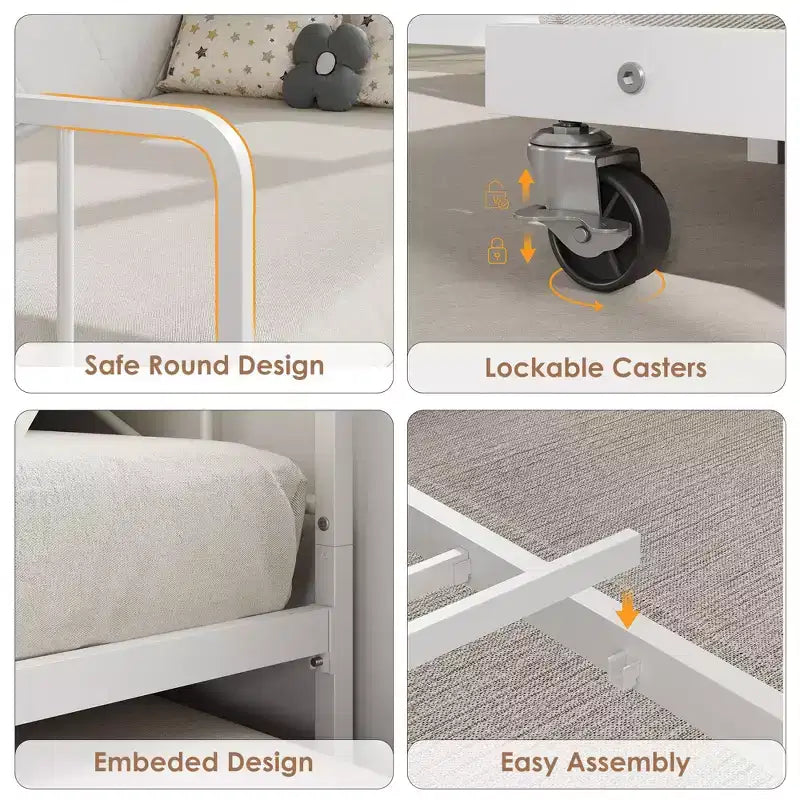 Cama de día con nido y luz LED, estructura de cama doble con cabecero tapizado y estación de carga, sofá cama con estructura de metal para sala de estar