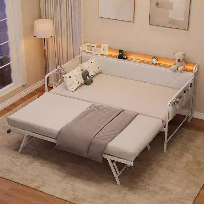 Cama de día con nido y luz LED, estructura de cama doble con cabecero tapizado y estación de carga, sofá cama con estructura de metal para sala de estar