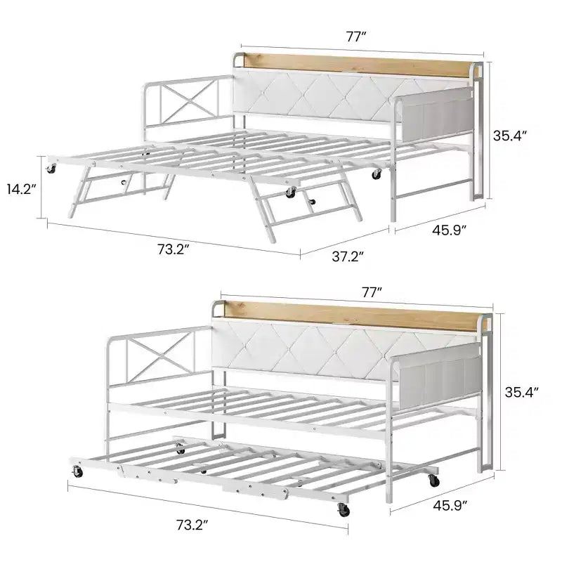 Cama de día con nido y luz LED, estructura de cama doble con cabecero tapizado y estación de carga, sofá cama con estructura de metal para sala de estar