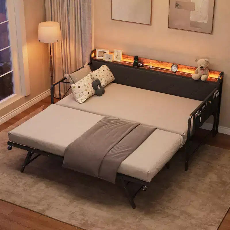 Cama de día con nido y luz LED, estructura de cama doble con cabecero tapizado y estación de carga, sofá cama con estructura de metal para sala de estar