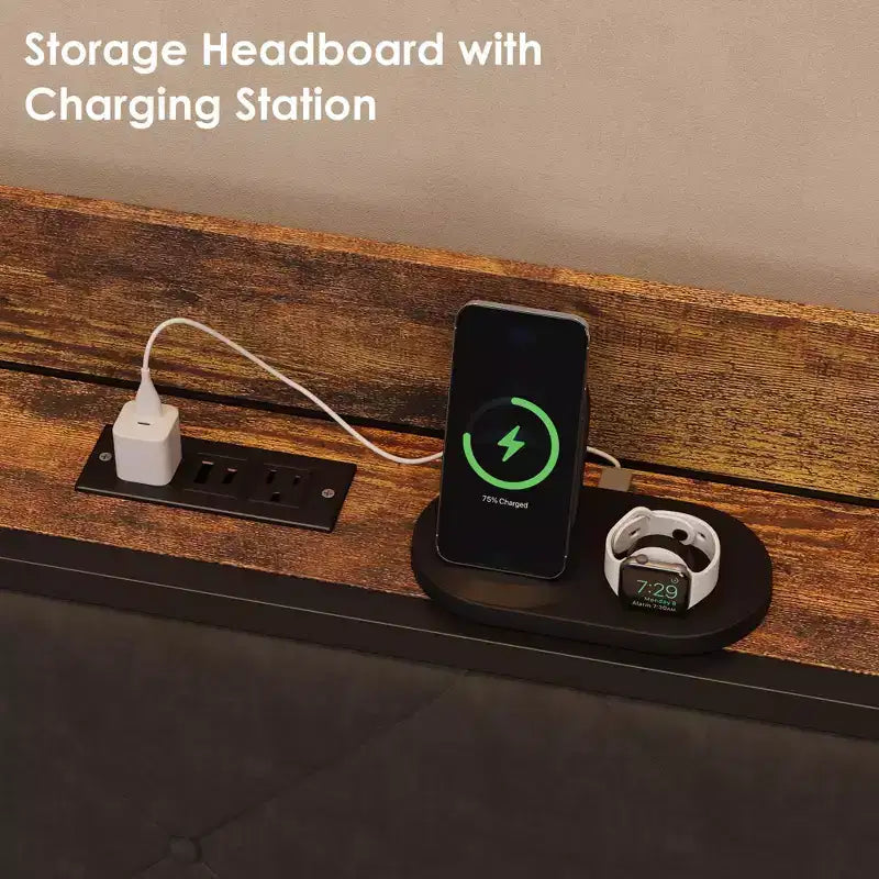 Cama de día con nido y luz LED, estructura de cama doble con cabecero tapizado y estación de carga, sofá cama con estructura de metal para sala de estar