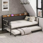 Cama de día con nido y luz LED, estructura de cama doble con cabecero tapizado y estación de carga, sofá cama con estructura de metal para sala de estar