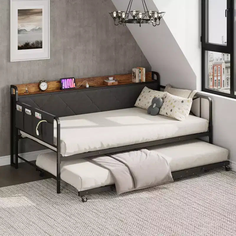Cama de día con nido y luz LED, estructura de cama doble con cabecero tapizado y estación de carga, sofá cama con estructura de metal para sala de estar