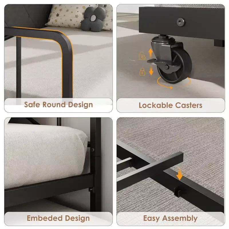Cama de día con nido y luz LED, estructura de cama doble con cabecero tapizado y estación de carga, sofá cama con estructura de metal para sala de estar