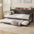 Daybed with Trundle and LED Light, Twin Size Bed Frame with Upholstered Headboard and Charging Station, Metal Frame Sofa Day Bed or Living Room