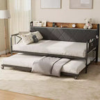 Daybed with Trundle and LED Light, Twin Size Bed Frame with Upholstered Headboard and Charging Station, Metal Frame Sofa Day Bed or Living Room