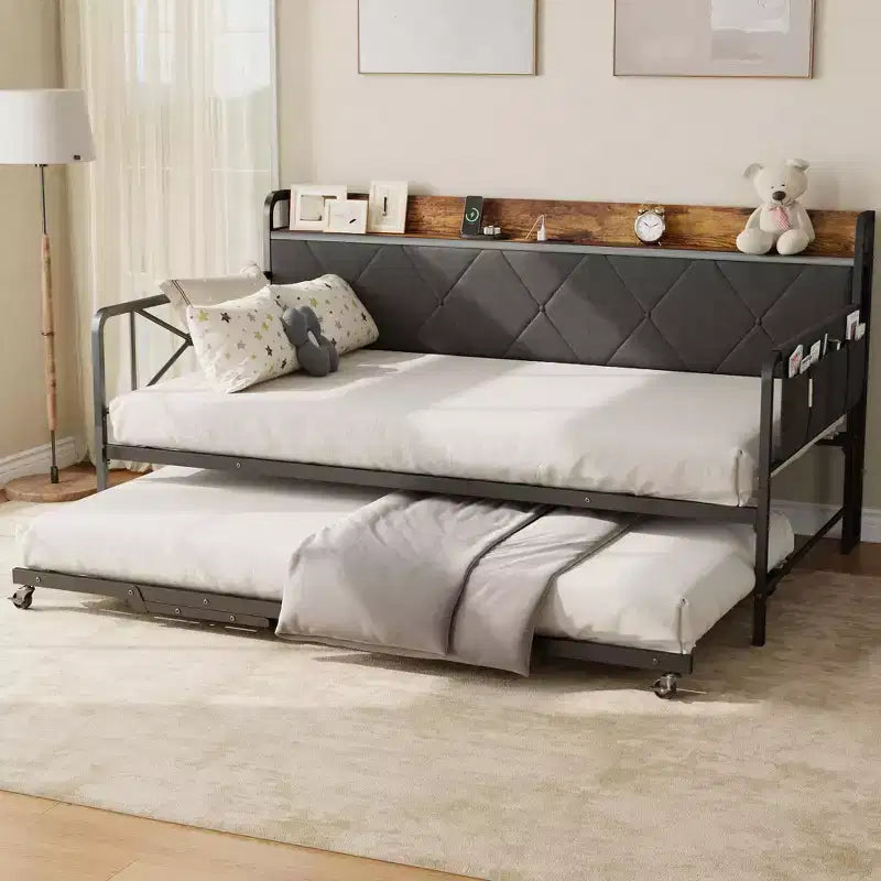 Daybed with Trundle and LED Light, Twin Size Bed Frame with Upholstered Headboard and Charging Station, Metal Frame Sofa Day Bed or Living Room