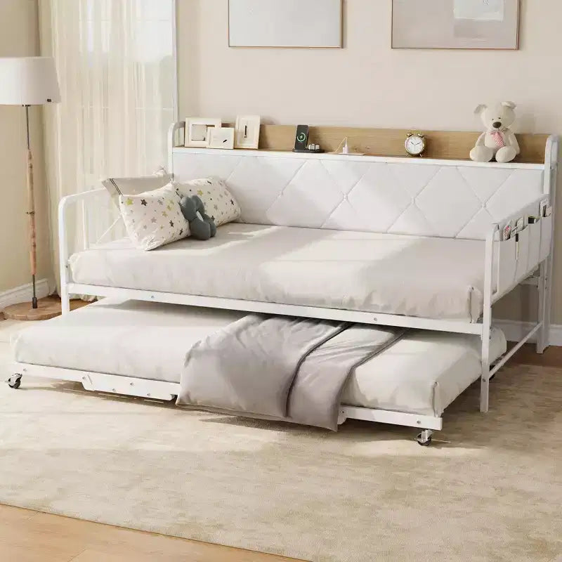 Cama de día con nido y luz LED, estructura de cama doble con cabecero tapizado y estación de carga, sofá cama con estructura de metal para sala de estar