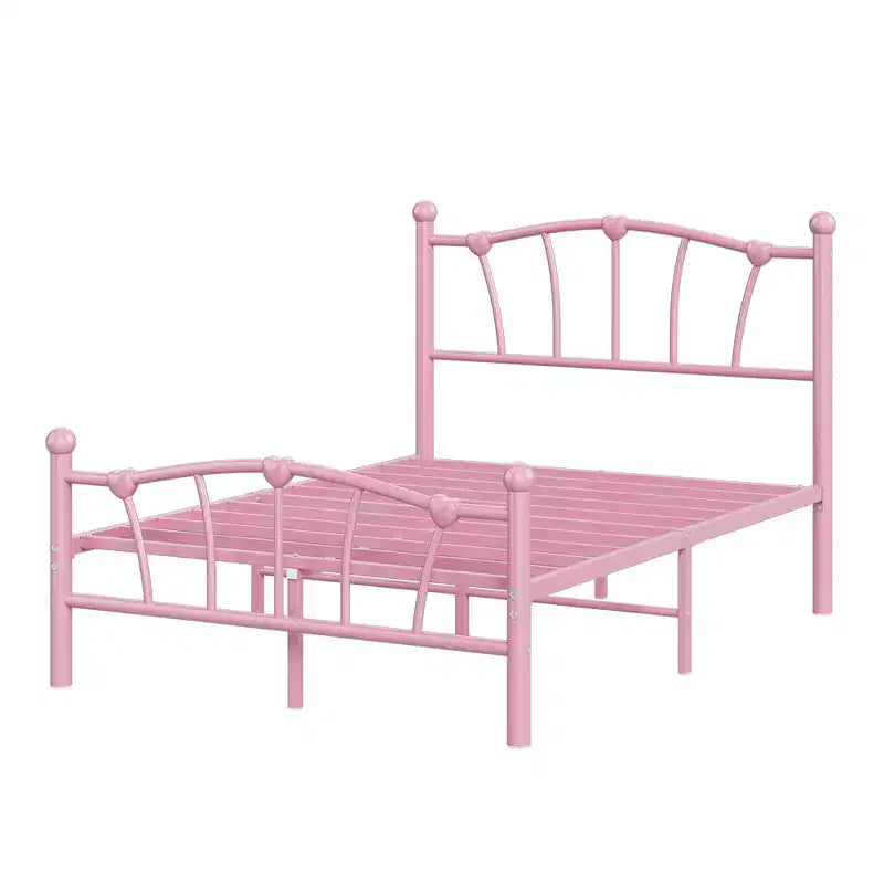 Encantadora estructura de cama de metal con cabecero en forma de corazón, plataforma robusta, almacenamiento bajo la cama, no necesita somier, perfecta para dormitorios de niños y niñas