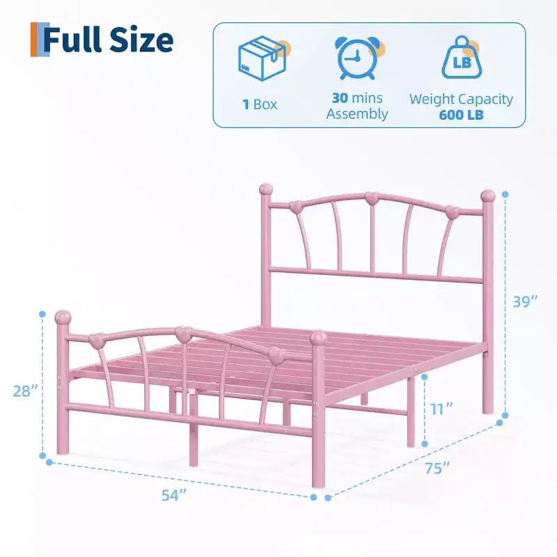 Encantadora estructura de cama de metal con cabecero en forma de corazón, plataforma robusta, almacenamiento bajo la cama, no necesita somier, perfecta para dormitorios de niños y niñas