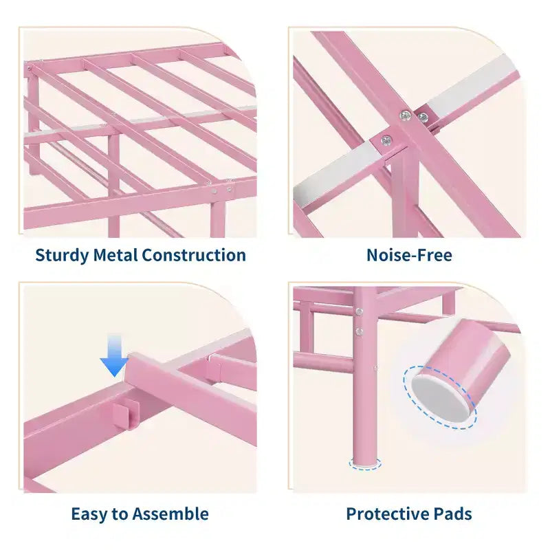 Encantadora estructura de cama de metal con cabecero en forma de corazón, plataforma robusta, almacenamiento bajo la cama, no necesita somier, perfecta para dormitorios de niños y niñas