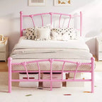 Encantadora estructura de cama de metal con cabecero en forma de corazón, plataforma robusta, almacenamiento bajo la cama, no necesita somier, perfecta para dormitorios de niños y niñas
