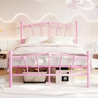 Encantadora estructura de cama de metal con cabecero en forma de corazón, plataforma robusta, almacenamiento bajo la cama, no necesita somier, perfecta para dormitorios de niños y niñas