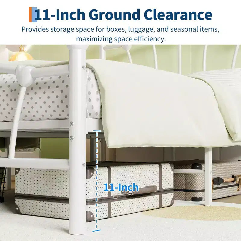 Encantadora estructura de cama de metal con cabecero en forma de corazón, plataforma robusta, almacenamiento bajo la cama, no necesita somier, perfecta para dormitorios de niños y niñas