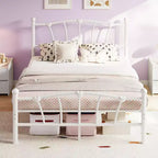 Encantadora estructura de cama de metal con cabecero en forma de corazón, plataforma robusta, almacenamiento bajo la cama, no necesita somier, perfecta para dormitorios de niños y niñas