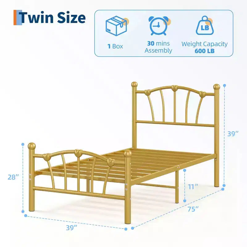Encantadora estructura de cama de metal con cabecero en forma de corazón, plataforma robusta, almacenamiento bajo la cama, no necesita somier, perfecta para dormitorios de niños y niñas