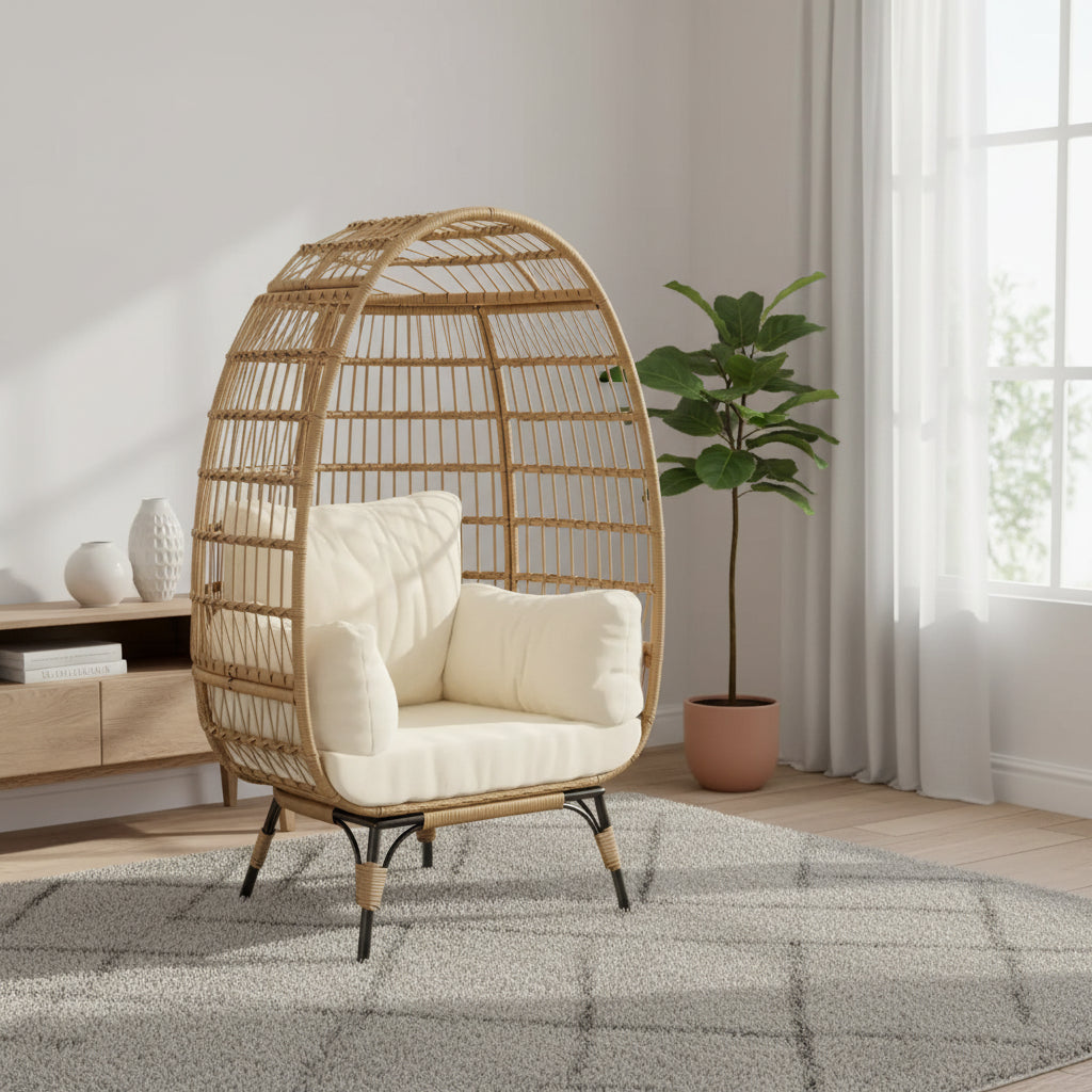 Oversize Wicker Egg Chair, Comfortable Wicker Patio Lounge with Sturdy Frame, Modern Egg-Shaped Design