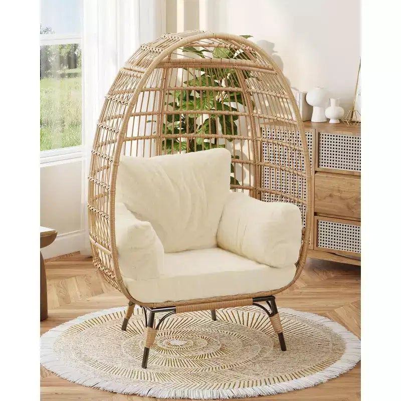 Sillón de mimbre en forma de huevo de gran tamaño, cómodo sillón de mimbre para patio con estructura resistente, moderno diseño en forma de huevo