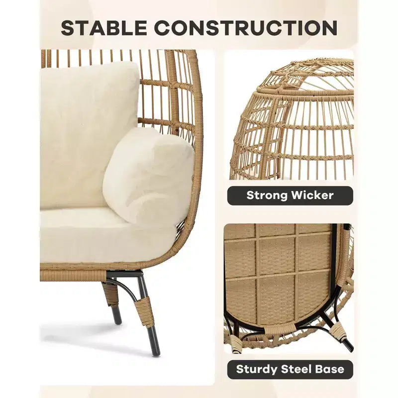 Sillón de mimbre en forma de huevo de gran tamaño, cómodo sillón de mimbre para patio con estructura resistente, moderno diseño en forma de huevo