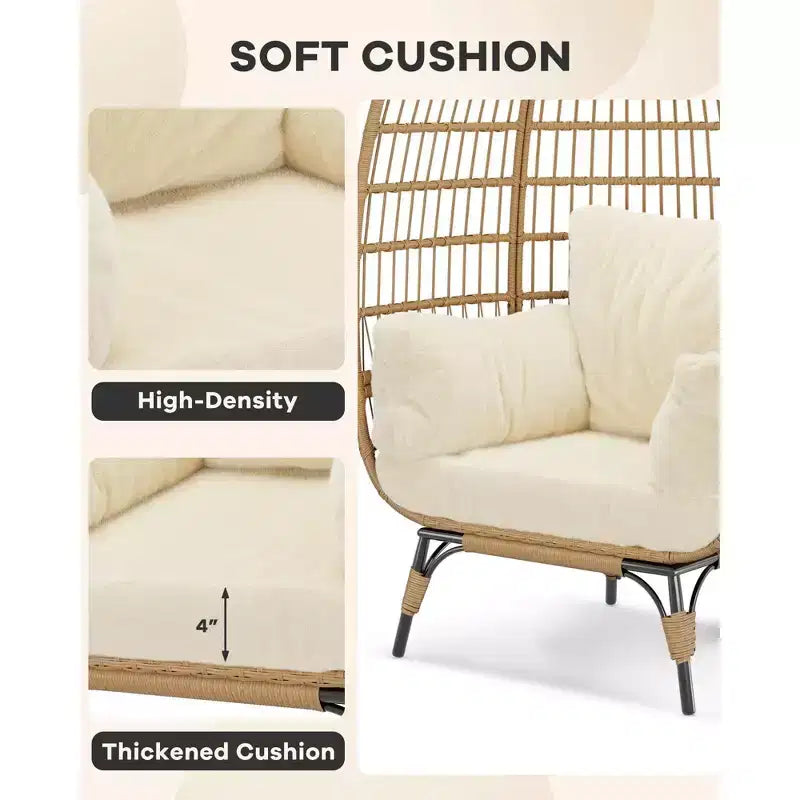 Sillón de mimbre en forma de huevo de gran tamaño, cómodo sillón de mimbre para patio con estructura resistente, moderno diseño en forma de huevo