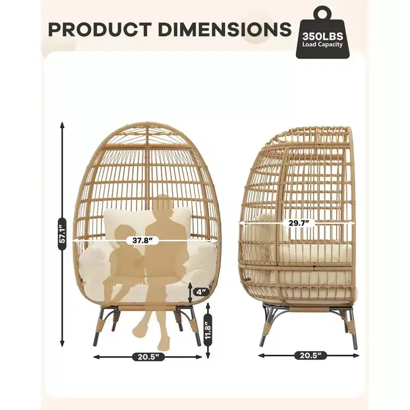 Sillón de mimbre en forma de huevo de gran tamaño, cómodo sillón de mimbre para patio con estructura resistente, moderno diseño en forma de huevo