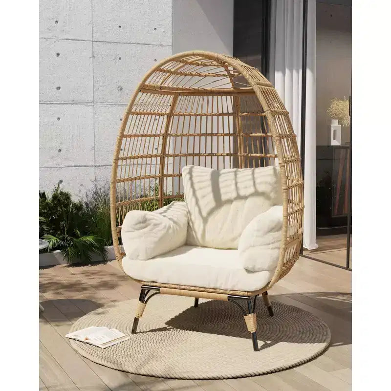 Sillón de mimbre en forma de huevo de gran tamaño, cómodo sillón de mimbre para patio con estructura resistente, moderno diseño en forma de huevo