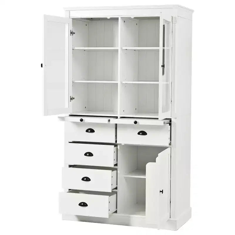 Armario de despensa de cocina independiente de 72" con puertas de vidrio y cajones, blanco