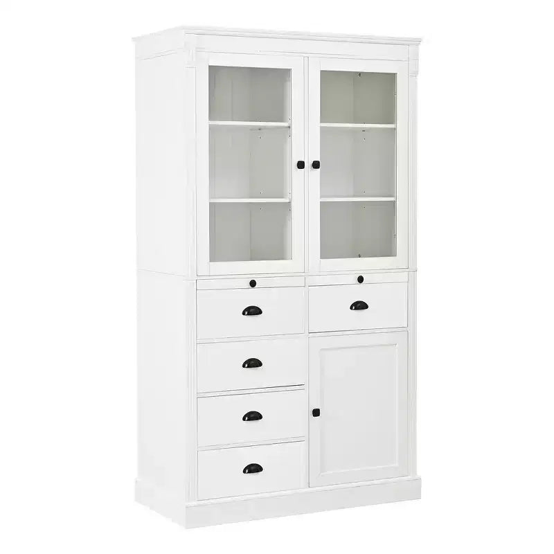 Armario de despensa de cocina independiente de 72" con puertas de vidrio y cajones, blanco