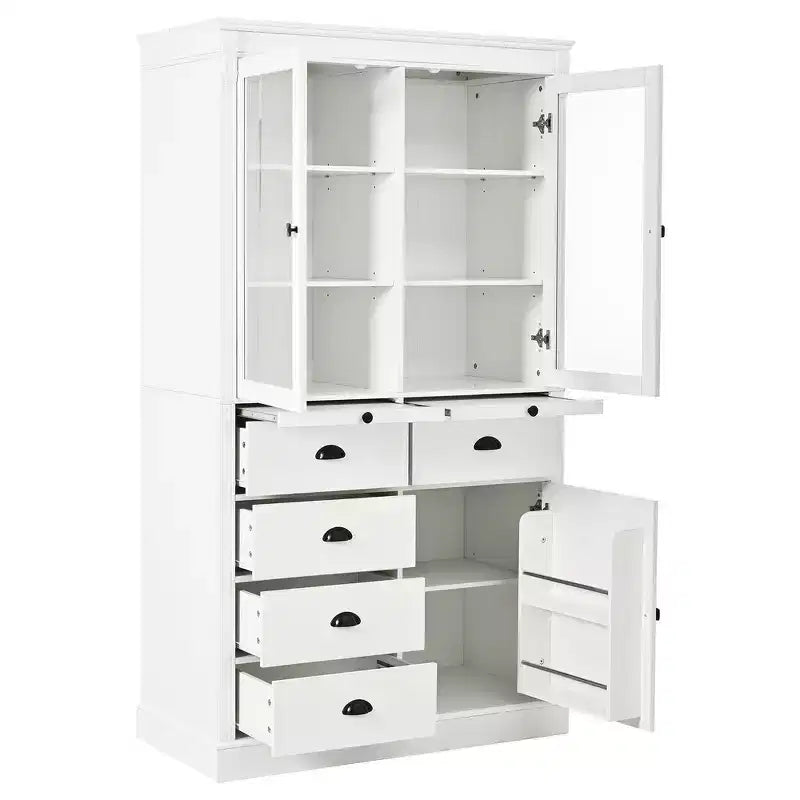 Armario de despensa de cocina independiente de 72" con puertas de vidrio y cajones, blanco