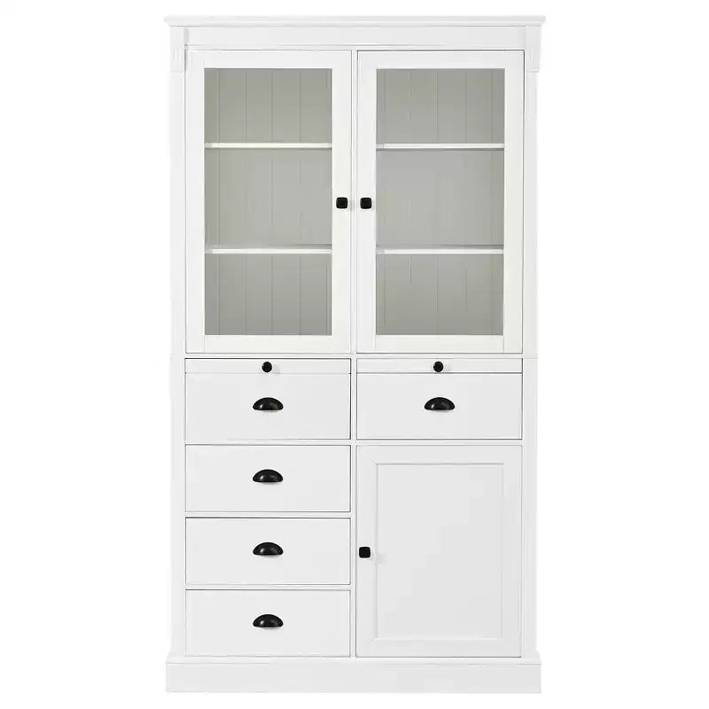 Armario de despensa de cocina independiente de 72" con puertas de vidrio y cajones, blanco