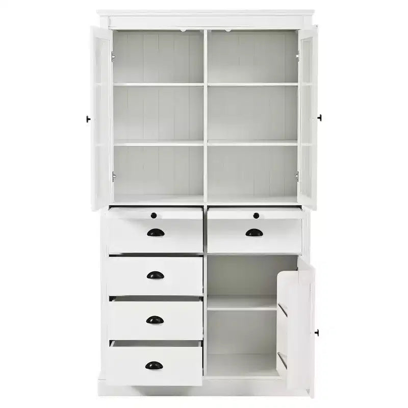Armario de despensa de cocina independiente de 72" con puertas de vidrio y cajones, blanco
