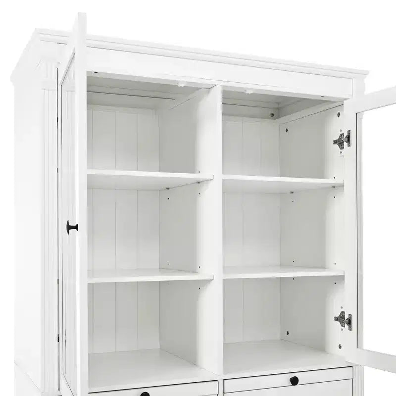 Armario de despensa de cocina independiente de 72" con puertas de vidrio y cajones, blanco
