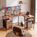 59 Inch Brown L Shaped Computer Desk with Charging Station Reversible Corner Gaming Desk File Cabinet Monitor Stand Storage Home Office Workstation