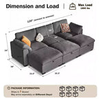 Sofá seccional modular en forma de L de 120" con relleno de plumón, otomana de almacenamiento y 2 almohadas, beige