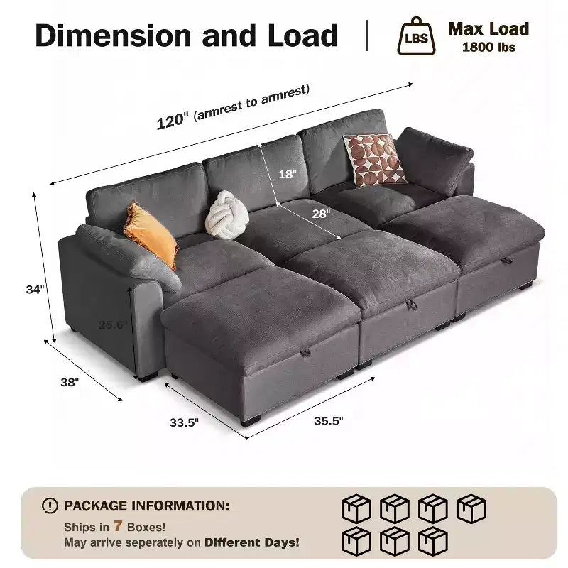 Sofá seccional modular en forma de L de 120" con relleno de plumón, otomana de almacenamiento y 2 almohadas, beige